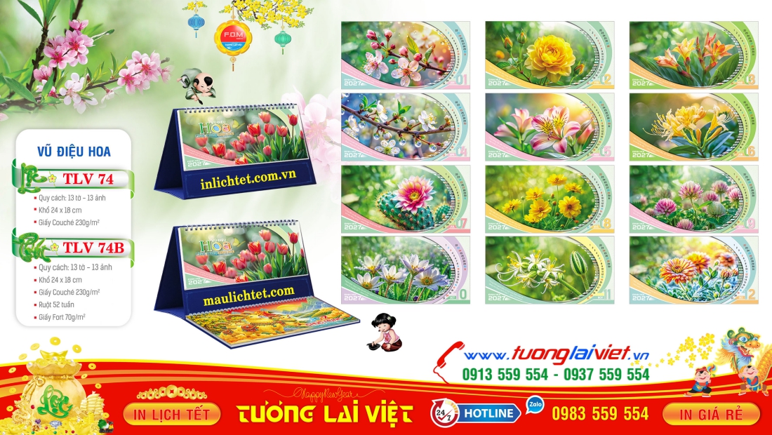 Lịch để bàn 13 tờ Bốn Mùa Hoa