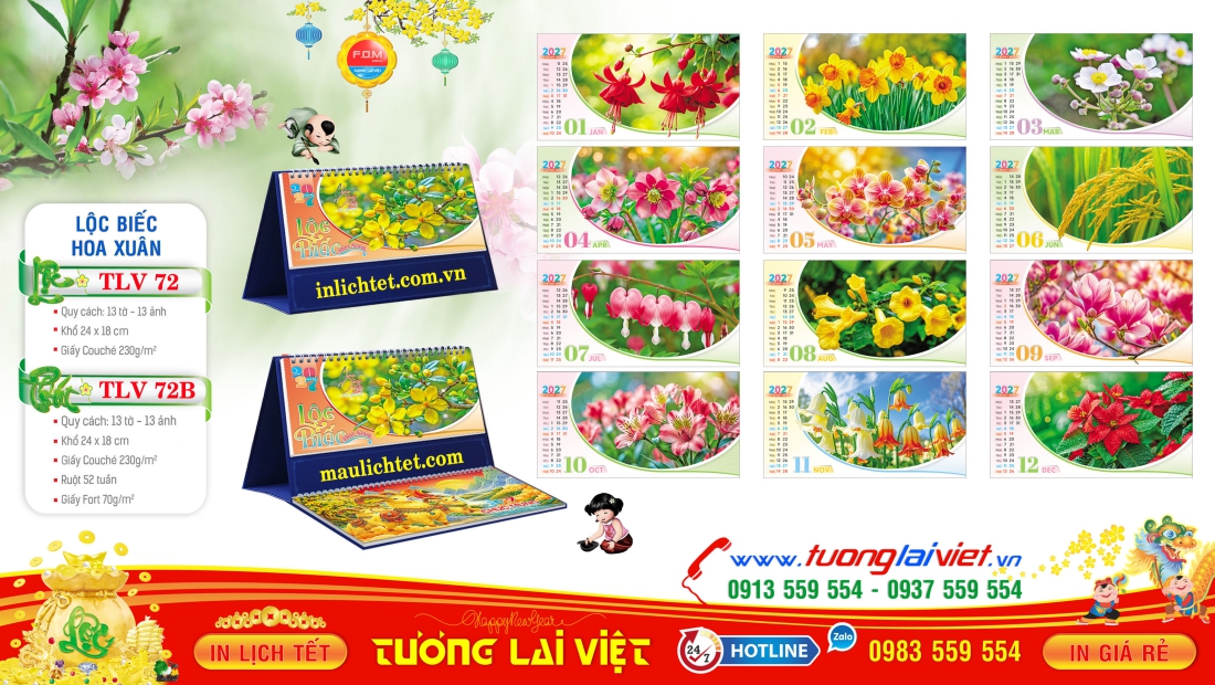 Lịch để bàn 13 tờ Hoa Ngày Tết